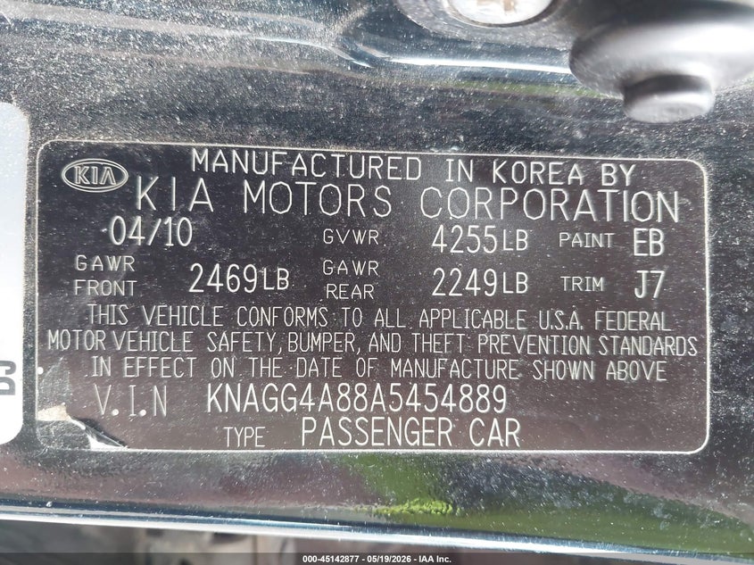 2010 Kia Optima VIN KNAGG4A88A5454889 IAAI salvage auction — RIGHT SIDE, Clear (Indiana), sold $275 on 2026-07-07 (photo 9)