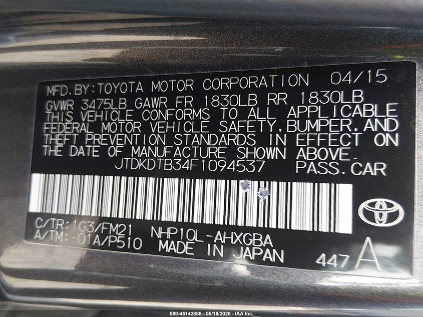 2015 Toyota Prius c VIN JTDKDTB34F1094537 IAAI salvage auction — FRONT END, Bill Of Sale (Washington), sold $350 on 2026-07-22 (photo 9)