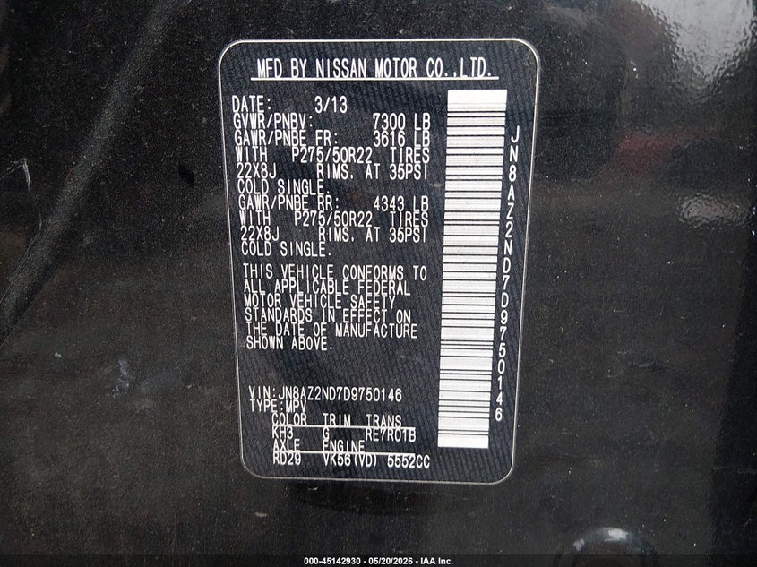 2013 Infiniti Qx56 VIN JN8AZ2ND7D9750146 IAAI salvage auction — RIGHT SIDE, Salvage (Mississippi), sold $2,175 on 2026-07-15 (photo 9)