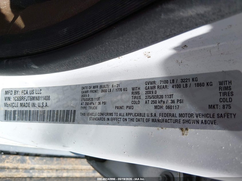 2021 Ram 1500 VIN 1C6SRFJT6MN811408 IAAI salvage auction — LEFT SIDE, Salvage (Alabama), sold $2,550 on 2026-07-12 (photo 9)