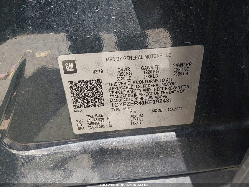 2019 Cadillac Xt4 VIN 1GYFZER41KF192431 IAAI salvage auction — FRONT END, Wait Title, sold $1,300 on 2026-08-26 (photo 9)