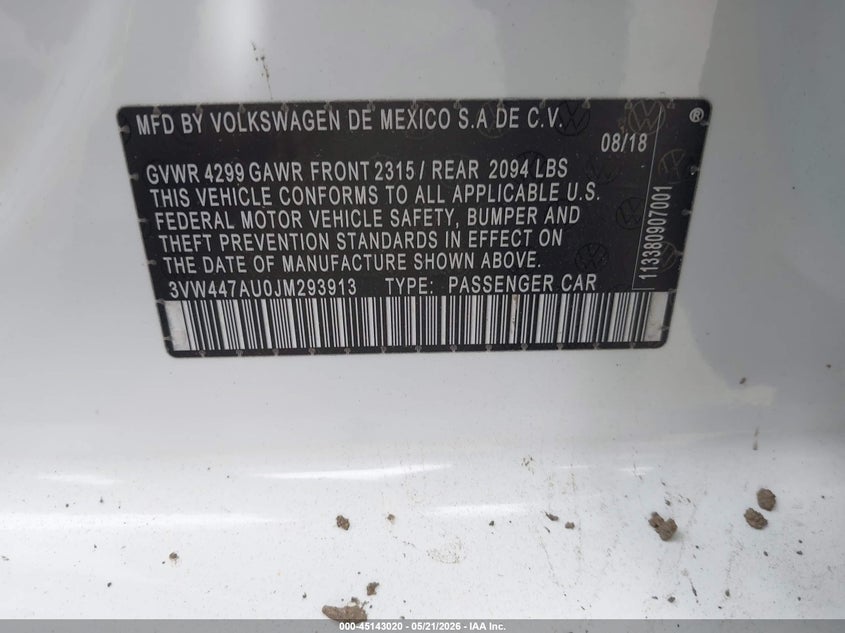 2018 Volkswagen Golf gti VIN 3VW447AU0JM293913 IAAI salvage auction — FRONT END, Salvage - Greater Than 75% (Maryland), sold $3,975 on 2026-07-08 (photo 9)