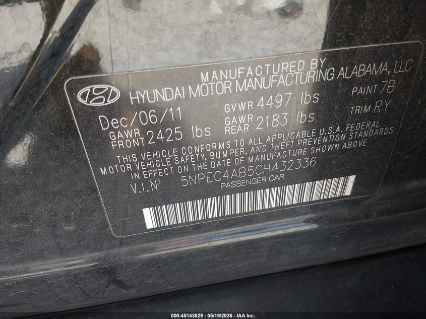 2012 Hyundai Sonata VIN 5NPEC4AB5CH432336 IAAI salvage auction — FRONT END, Salvage (Alabama), sold $325 on 2026-07-09 (photo 9)