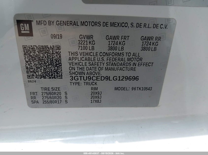2020 Gmc SIERRA VIN 3GTU9CED9LG129696 IAAI salvage auction — FRONT END, Original (Texas), sold $8,900 on 2026-08-12 (photo 9)