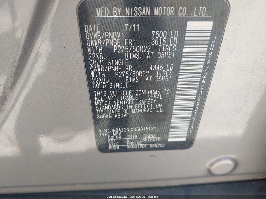 2012 Infiniti Qx56 VIN JN8AZ2NC3C9315131 IAAI salvage auction — NORMAL WEAR, Clear-Dealer Only (North Carolina), sold $1,050 on 2026-07-29 (photo 9)