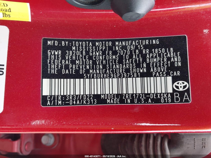 2016 Toyota Corolla VIN 5YFBURHE9GP397581 IAAI salvage auction — BIO HAZARD, Salvage (Texas), sold $2,050 on 2026-07-18 (photo 9)