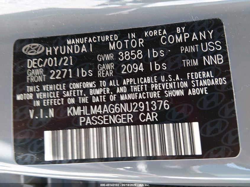 2022 Hyundai Elantra VIN KMHLM4AG6NU291376 IAAI salvage auction — LEFT SIDE, Salvage Title, sold $1,500 on 2026-07-30 (photo 9)