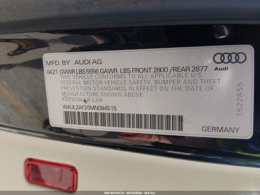 2021 Audi A6 VIN WAUL2AF26MN084515 IAAI salvage auction — HAIL, Clear (Missouri), sold $15,900 on 2026-09-10 (photo 9)