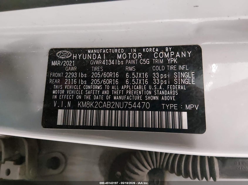 2022 Hyundai Kona VIN KM8K2CAB2NU754470 IAAI salvage auction — FRONT END, Salvage (Minnesota), sold $1,800 on 2026-07-14 (photo 9)