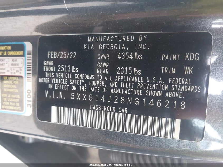 2022 Kia K5 VIN 5XXG14J28NG146218 IAAI salvage auction — FRONT END, Salvage (Indiana), sold $2,950 on 2026-07-09 (photo 9)