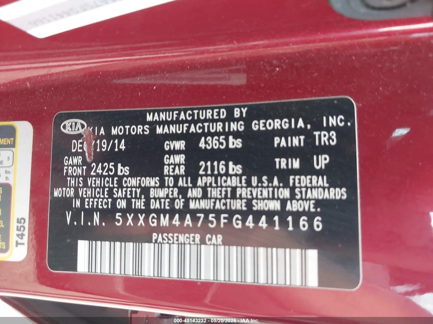 2015 Kia Optima VIN 5XXGM4A75FG441166 IAAI salvage auction — RIGHT SIDE, Salvage (Georgia), sold $450 on 2026-07-17 (photo 9)