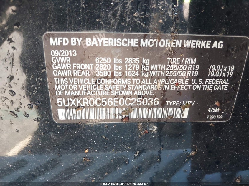 2014 BMW X5 VIN 5UXKR0C56E0C25036 IAAI salvage auction — FRONT END, Salvage (California), sold $1,350 on 2026-07-22 (photo 9)