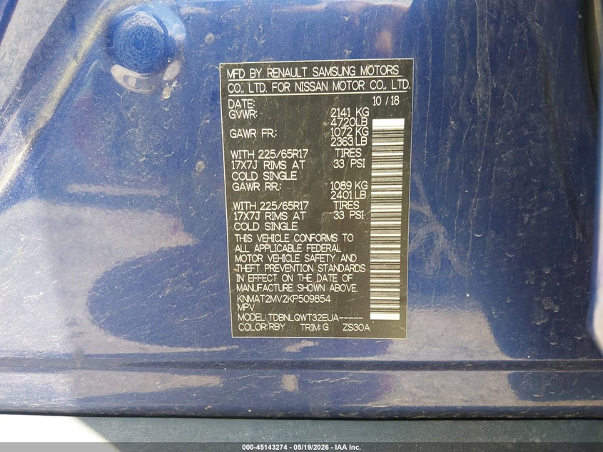 2019 Nissan Rogue VIN KNMAT2MV2KP509854 IAAI salvage auction — LEFT REAR, Salvage (Ohio), sold $975 on 2026-07-08 (photo 9)