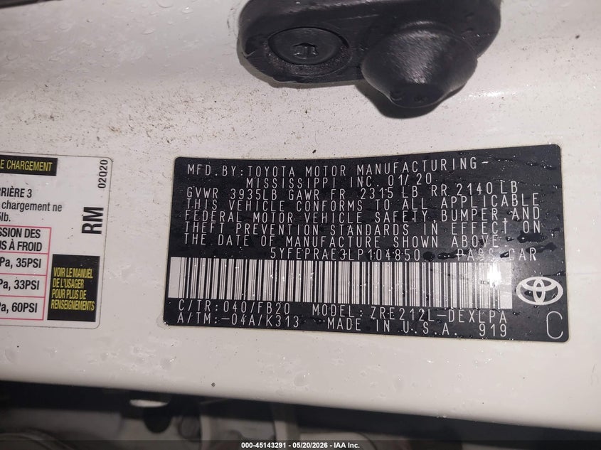 2020 Toyota Corolla VIN 5YFEPRAE3LP104850 IAAI salvage auction — FRONT END, Original (Texas), sold $3,350 on 2026-08-02 (photo 9)