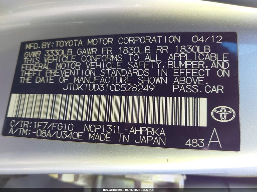 2012 Toyota Yaris VIN JTDKTUD31CD528249 IAAI salvage auction — FRONT & REAR, Salvage Title, sold $600 on 2026-07-30 (photo 9)