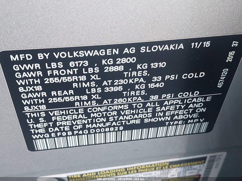 2016 Volkswagen Touareg VIN WVGEF9BP4GD008829 IAAI salvage auction — FRONT END, Salvage - Greater Than 75% (Maryland), sold $2,000 on 2026-07-27 (photo 9)