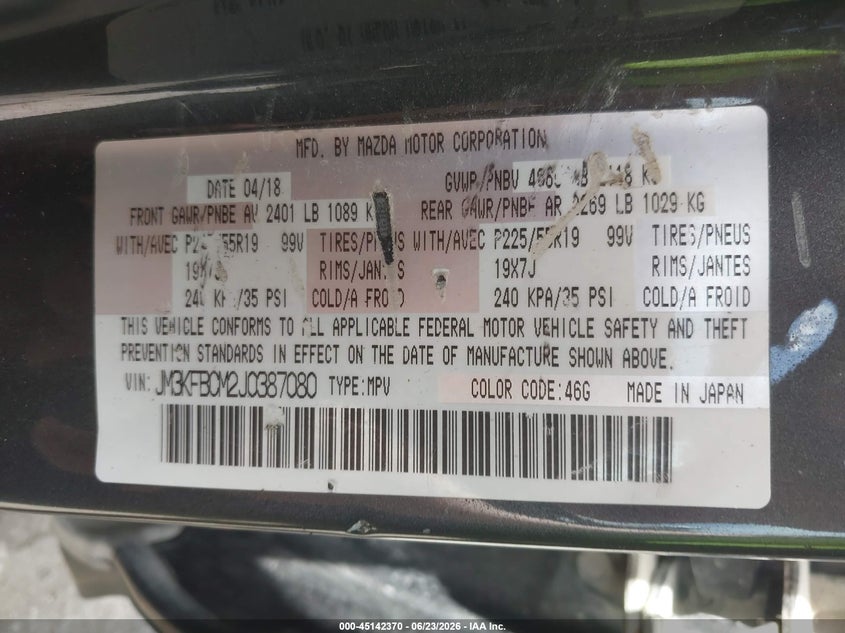 2018 Mazda Cx-5 VIN JM3KFBCM2J0387080 IAAI salvage auction — REAR END, Salvage (Kansas), sold $5,900 on 2026-07-29 (photo 9)