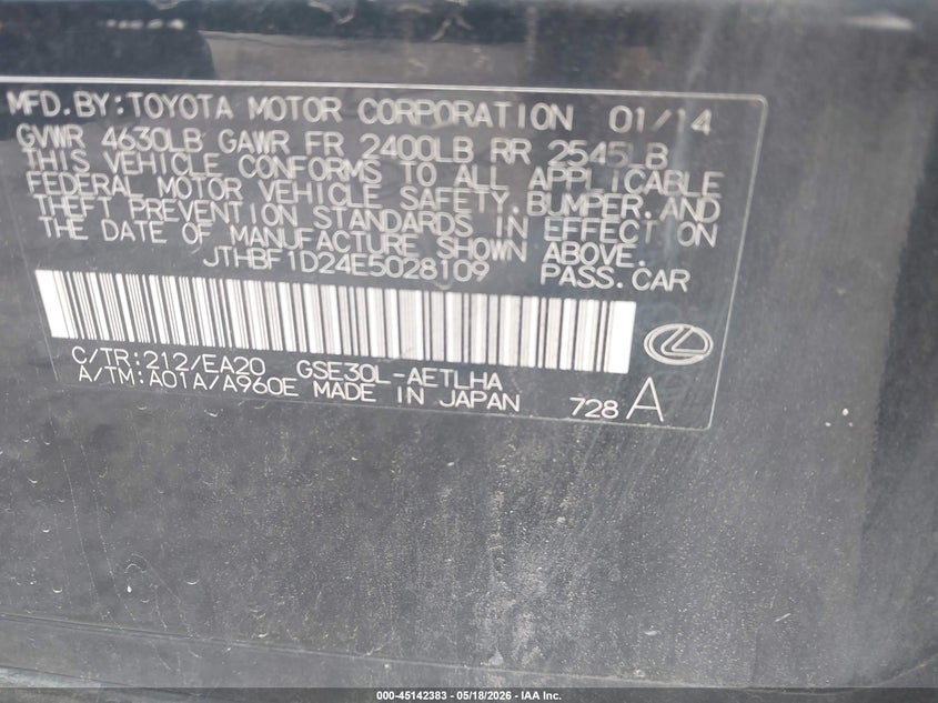 2014 Lexus Is VIN JTHBF1D24E5028109 IAAI salvage auction — LEFT SIDE, Salvage (Texas), sold $2,750 on 2026-07-07 (photo 9)