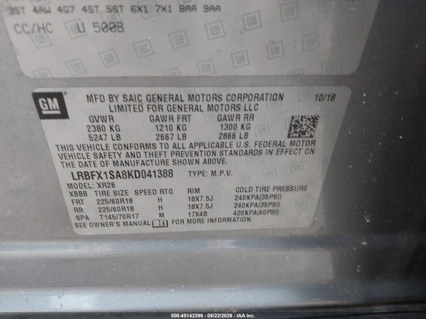 2019 Buick Envision VIN LRBFX1SA8KD041388 IAAI salvage auction — FRONT & REAR, Salvage (Indiana), sold $50 on 2026-07-15 (photo 9)