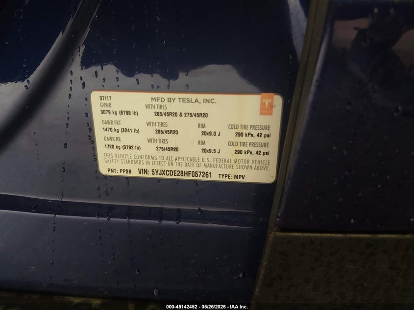 2017 Tesla Model x VIN 5YJXCDE28HF057261 IAAI salvage auction — REAR END, Salvage (Virginia), sold $9,100 on 2026-08-20 (photo 9)