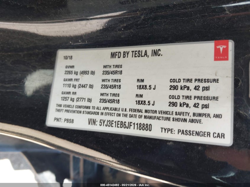 2018 Tesla Model 3 VIN 5YJ3E1EB6JF118880 IAAI salvage auction — REAR END, Clear (Michigan), sold $4,050 on 2026-07-09 (photo 9)