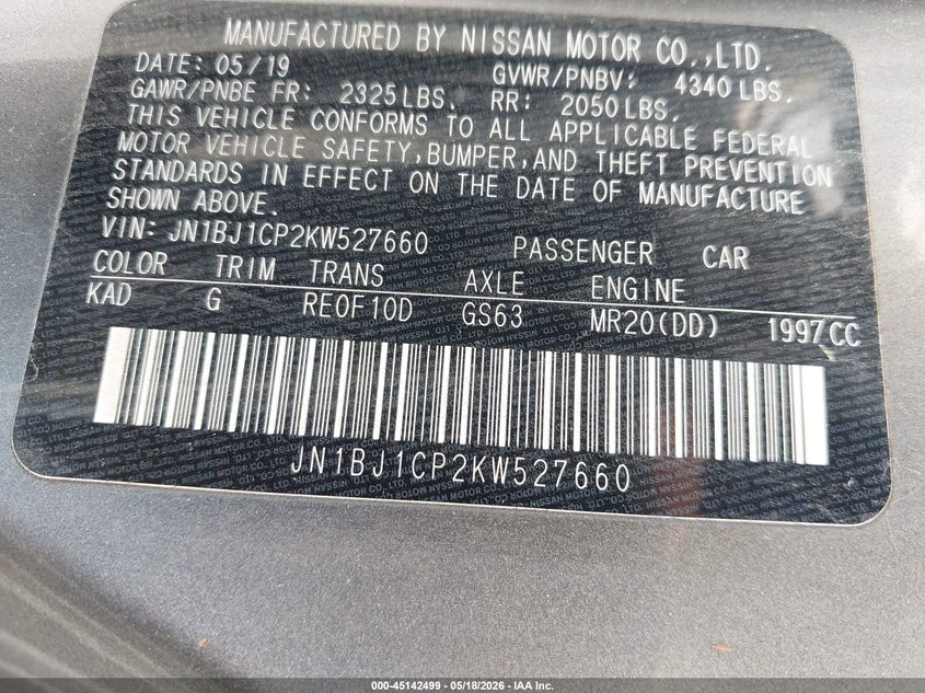 2019 Nissan Rogue VIN JN1BJ1CP2KW527660 IAAI salvage auction — FRONT END, Salvage (North Carolina), sold $2,150 on 2026-07-27 (photo 9)