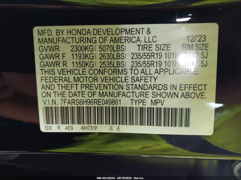 2024 Honda Cr-v VIN 7FARS6H96RE049861 IAAI salvage auction — FRONT END, Salvage (Texas), sold $9,350 on 2026-07-14 (photo 9)