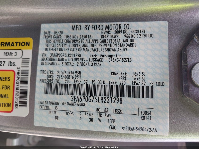 2020 Ford Fusion VIN 3FA6P0G75LR231298 IAAI salvage auction — NORMAL WEAR, Sf97 (Mississippi), sold $9,950 on 2026-07-16 (photo 9)