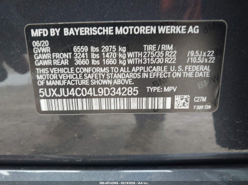 2020 BMW X5 VIN 5UXJU4C04L9D34285 IAAI salvage auction — FRONT END, Salvage (Illinois), sold $16,000 on 2026-07-21 (photo 9)