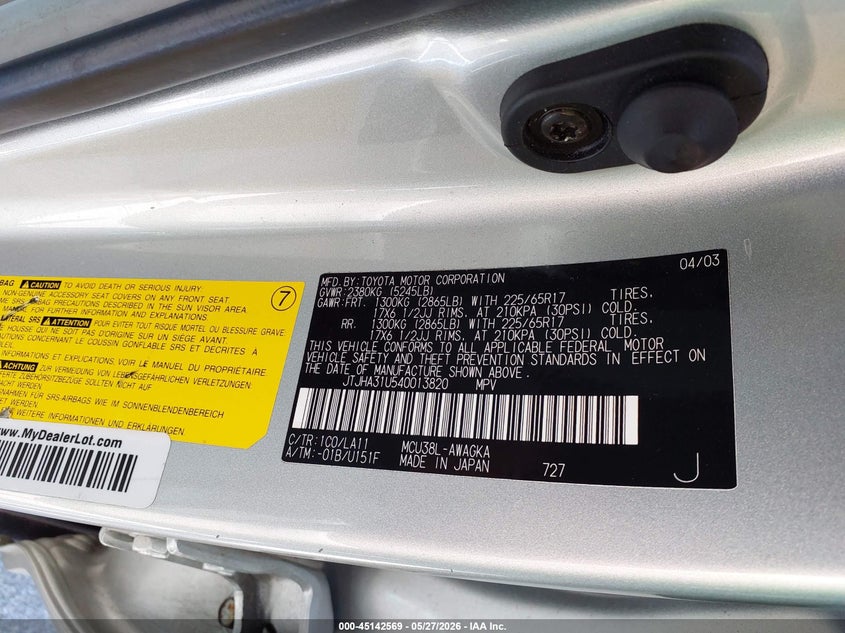 2004 Lexus Rx 330 VIN JTJHA31U540013820 IAAI salvage auction — LEFT FRONT, Salvage (Illinois), sold $1,250 on 2026-07-06 (photo 9)