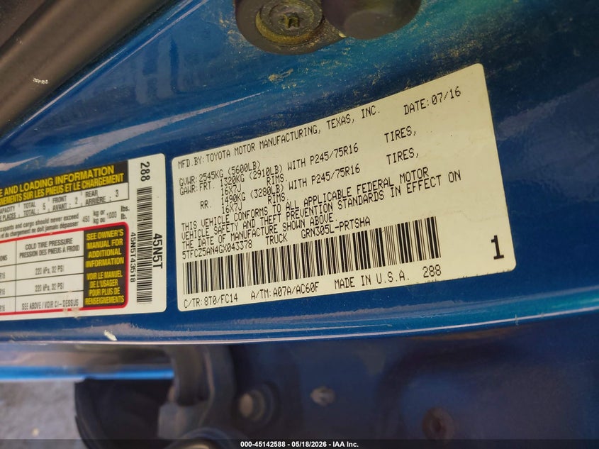 2016 Toyota Tacoma VIN 5TFCZ5AN4GX043378 IAAI salvage auction — FRONT END, Salvage (Virginia), sold $775 on 2026-07-28 (photo 9)