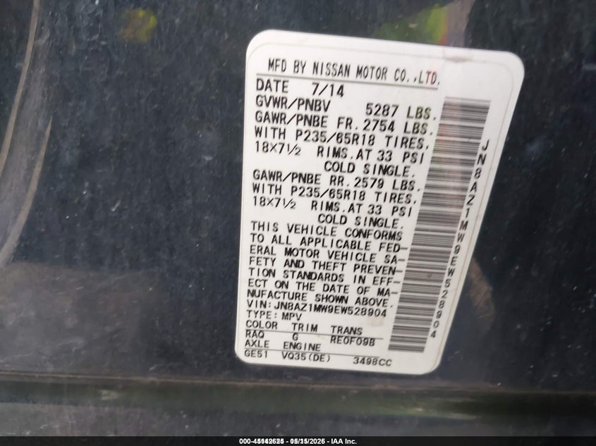 2014 Nissan Murano VIN JN8AZ1MW9EW528904 IAAI salvage auction — REAR END, Clear (Indiana), sold $550 on 2026-07-08 (photo 9)