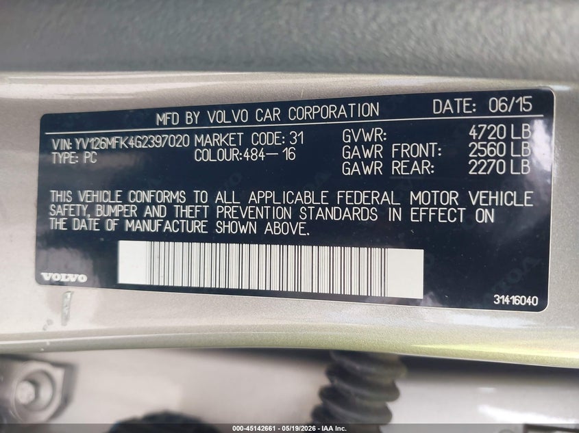 2016 Volvo S60 VIN YV126MFK4G2397020 IAAI salvage auction — HAIL, Original (Texas), sold $3,775 on 2026-07-08 (photo 9)