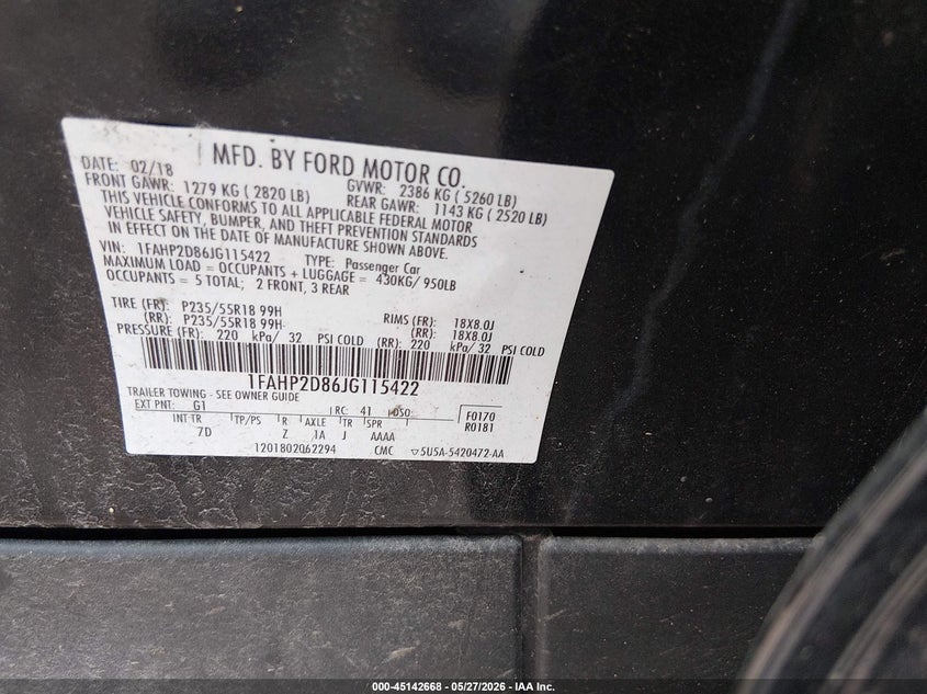 2018 Ford Taurus VIN 1FAHP2D86JG115422 IAAI salvage auction — HAIL, Salvage Title, sold $1,050 on 2026-07-22 (photo 9)