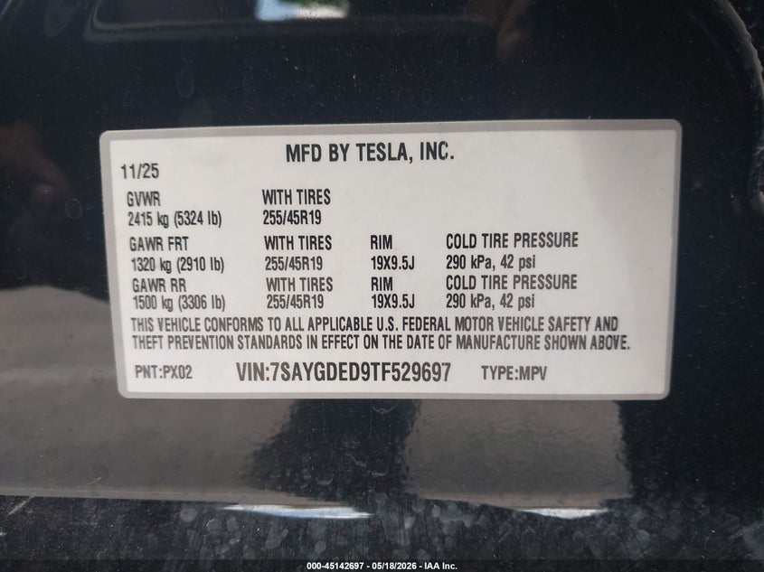 2026 Tesla Model y VIN 7SAYGDED9TF529697 IAAI salvage auction — LEFT & RIGHT, Salvage (Arizona), sold $18,500 on 2026-07-16 (photo 9)