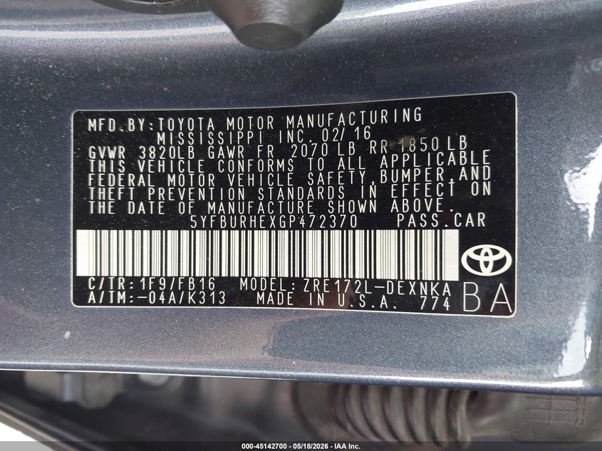2016 Toyota Corolla VIN 5YFBURHEXGP472370 IAAI salvage auction — RIGHT FRONT, Salvage (Texas), sold $2,025 on 2026-07-23 (photo 9)