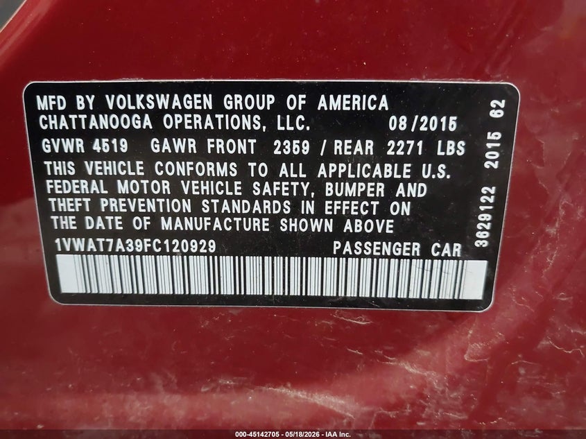 2015 Volkswagen Passat VIN 1VWAT7A39FC120929 IAAI salvage auction — SIDE, Salvage (North Dakota), sold $400 on 2026-07-10 (photo 9)