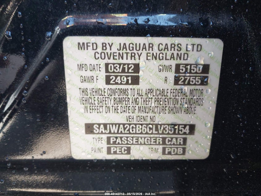 2012 Jaguar Xj VIN SAJWA2GB6CLV35154 IAAI salvage auction — ENGINE BURN, Salvage (South Carolina), sold $275 on 2026-07-08 (photo 9)