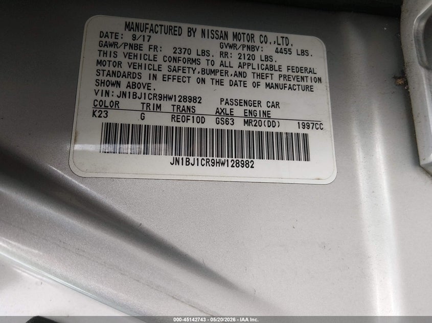 2017 Nissan Rogue VIN JN1BJ1CR9HW128982 IAAI salvage auction — FRONT END, Salvage (Pennsylvania), sold $1,200 on 2026-07-07 (photo 9)
