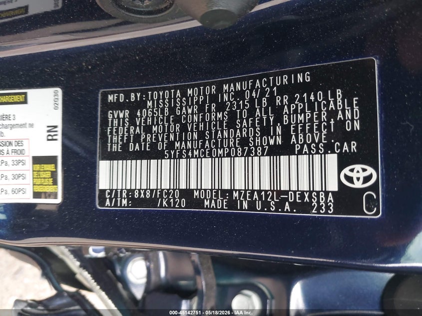 2021 Toyota Corolla VIN 5YFS4MCE0MP087387 IAAI salvage auction — SIDE, Original (Texas), sold $7,200 on 2026-07-23 (photo 9)