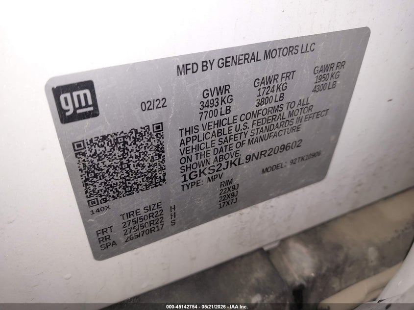 2022 Gmc Yukon VIN 1GKS2JKL9NR209602 IAAI salvage auction — HAIL, Salvage Title, sold $21,100 on 2026-07-28 (photo 9)