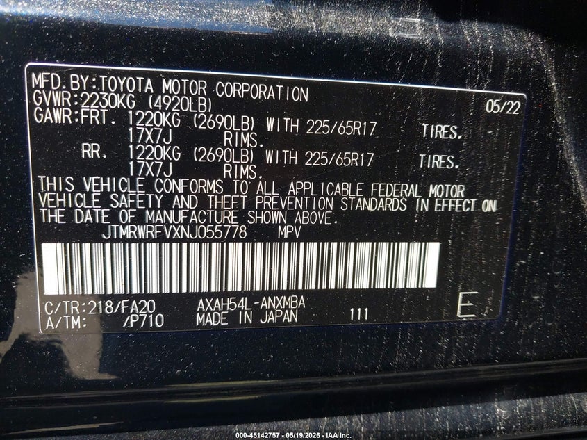 2022 Toyota Rav 4 VIN JTMRWRFVXNJ055778 IAAI salvage auction — RIGHT SIDE, Salvage (Massachusetts), sold $13,300 on 2026-07-24 (photo 9)