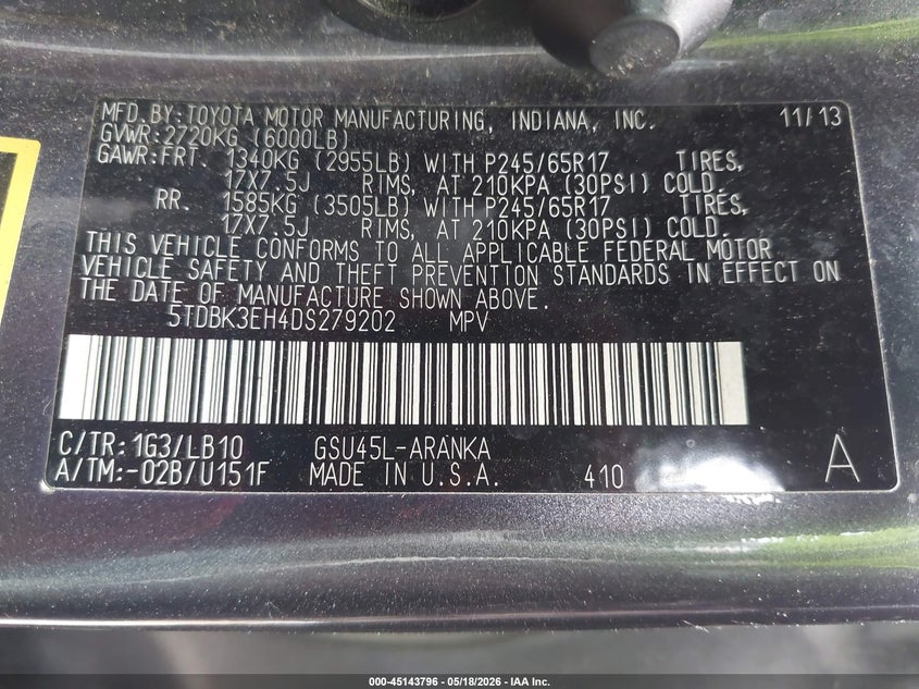 2013 Toyota Highlander VIN 5TDBK3EH4DS279202 IAAI salvage auction — FRONT END, Salvage (Illinois), sold $4,000 on 2026-07-27 (photo 9)