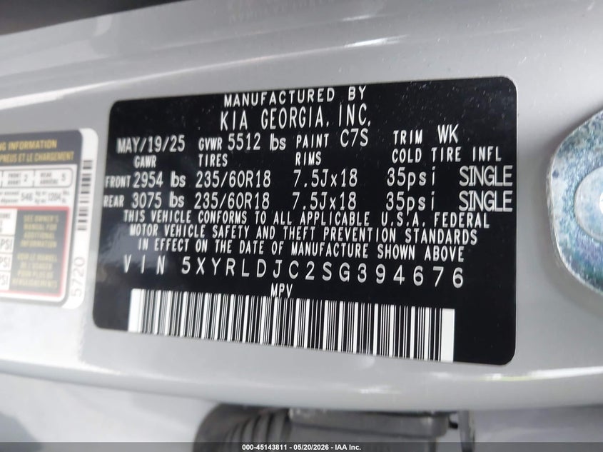 2025 Kia Sorento VIN 5XYRLDJC2SG394676 IAAI salvage auction — FRONT END, Mv-907A (New York), sold $9,850 on 2026-07-14 (photo 9)