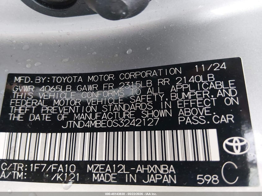 2025 Toyota Corolla VIN JTND4MBE0S3242127 IAAI salvage auction — FRONT END, Salvage (West Virginia), sold $5,700 on 2026-07-23 (photo 9)