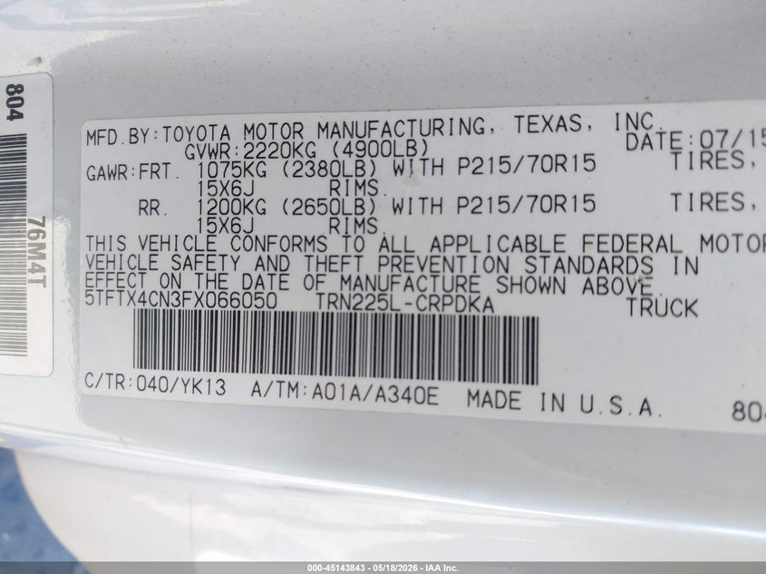 2015 Toyota Tacoma VIN 5TFTX4CN3FX066050 IAAI salvage auction — FRONT END, Salvage (Florida), sold $3,550 on 2026-07-29 (photo 9)