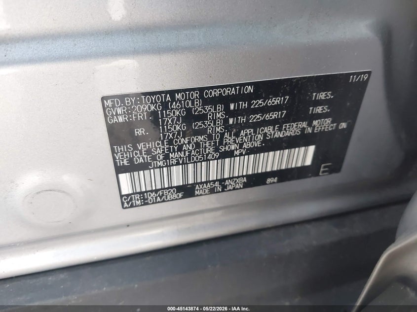 2020 Toyota Rav 4 VIN JTMG1RFV1LD051409 IAAI salvage auction — THEFT, Salvage (Massachusetts), sold $8,450 on 2026-07-17 (photo 9)