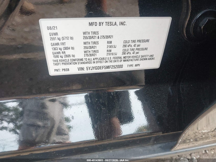2021 Tesla Model y VIN 5YJYGDEF5MF252000 IAAI salvage auction — LEFT & RIGHT, Salvage Title, sold $5,300 on 2026-07-11 (photo 9)