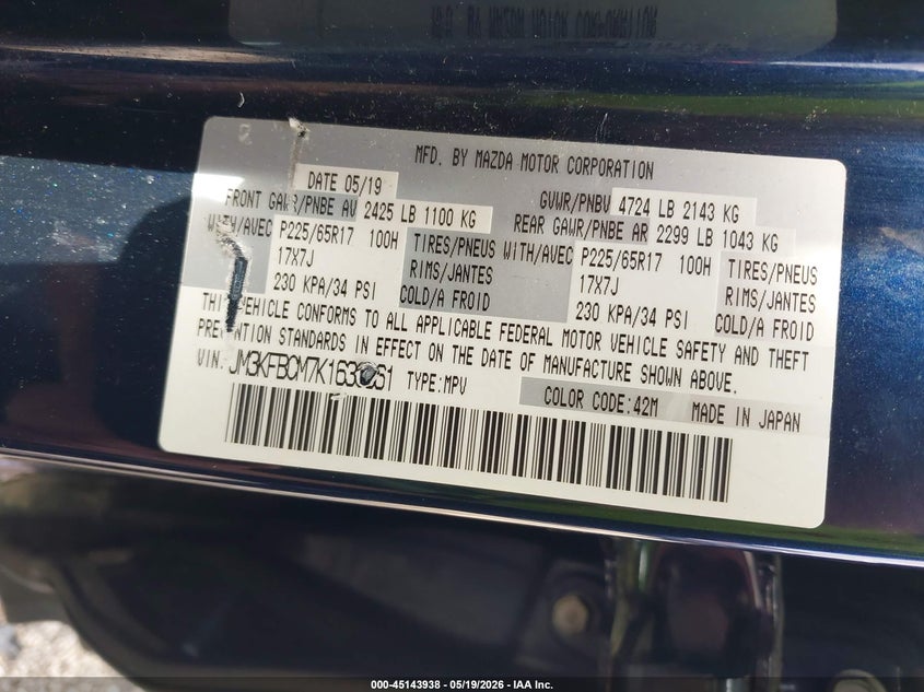 2019 Mazda Cx-5 VIN JM3KFBCM7K1630961 IAAI salvage auction — REAR END, Salvage (Illinois), sold $4,850 on 2026-07-06 (photo 9)