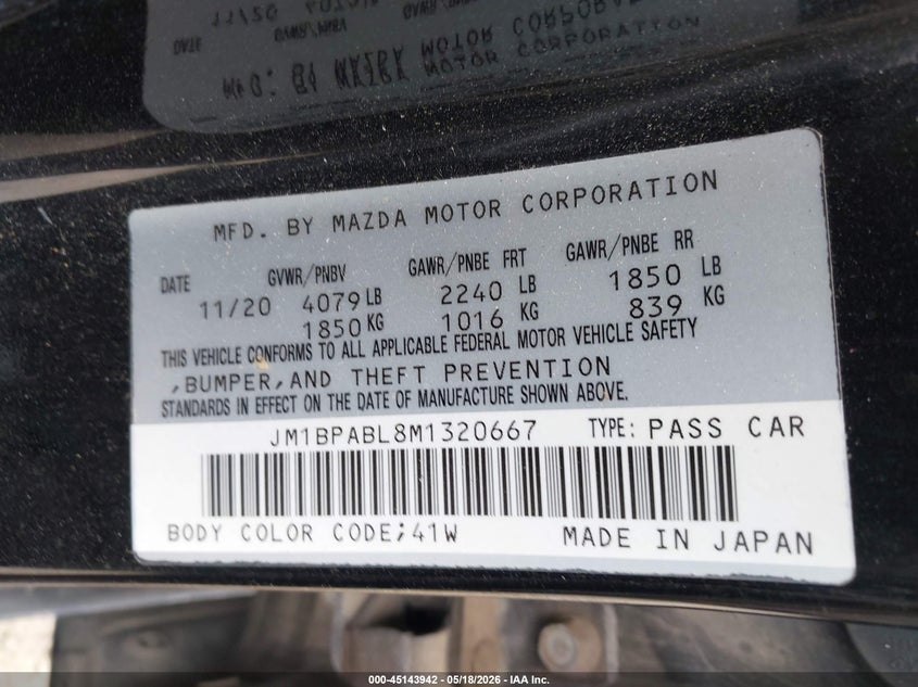 2021 Mazda 3 VIN JM1BPABL8M1320667 IAAI salvage auction — RIGHT SIDE, Salvage (Texas), sold $4,100 on 2026-07-21 (photo 9)